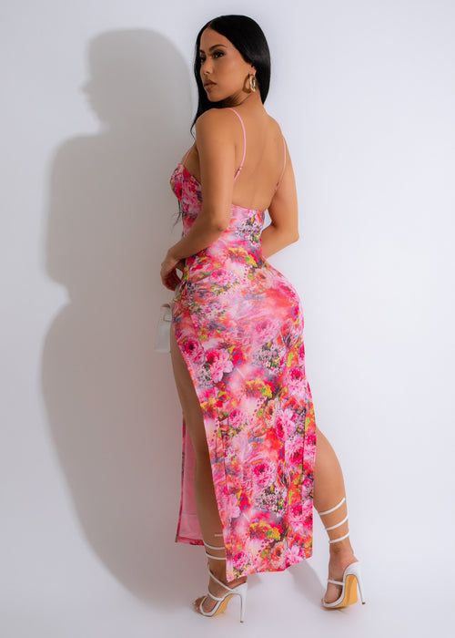 Beautiful pink mesh midi dress with a delicate floral design, perfect for romantic occasions and summer events