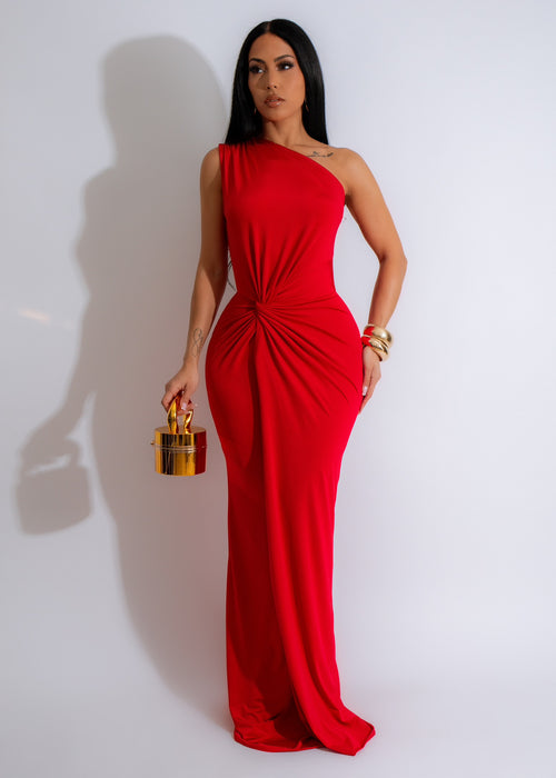 Luminous Ruched Maxi Dress Red with V-neck and flowy silhouette, perfect for special occasions and events 