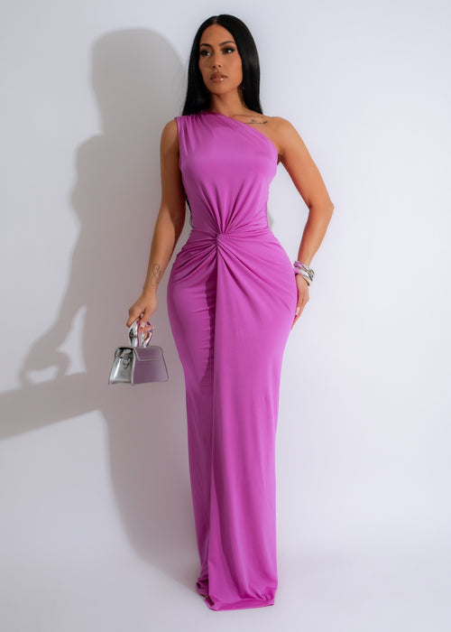 Luminous Ruched Maxi Dress in regal purple with elegant drape, perfect for formal events or evening occasions