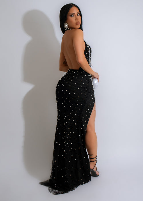  Pearls Vacay Maxi Dress Black - timeless and chic black maxi dress with intricate pearl embellishments
