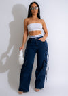 Love Creates Cargo Jean Dark Denim product image featuring a dark denim cargo jean with multiple pockets and stylish stitching detailing