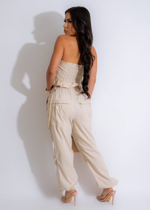  It's Heaven Ruched Jogger Set Nude - Back view of nude jogger set with ruched detailing and elasticized cuffs