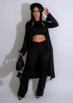 Black fur pant set from Utopia, featuring a cozy and luxurious design perfect for winter lounging and relaxing at home