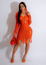 Vibrant orange crochet mini dress with intricate detailing and a flirty silhouette