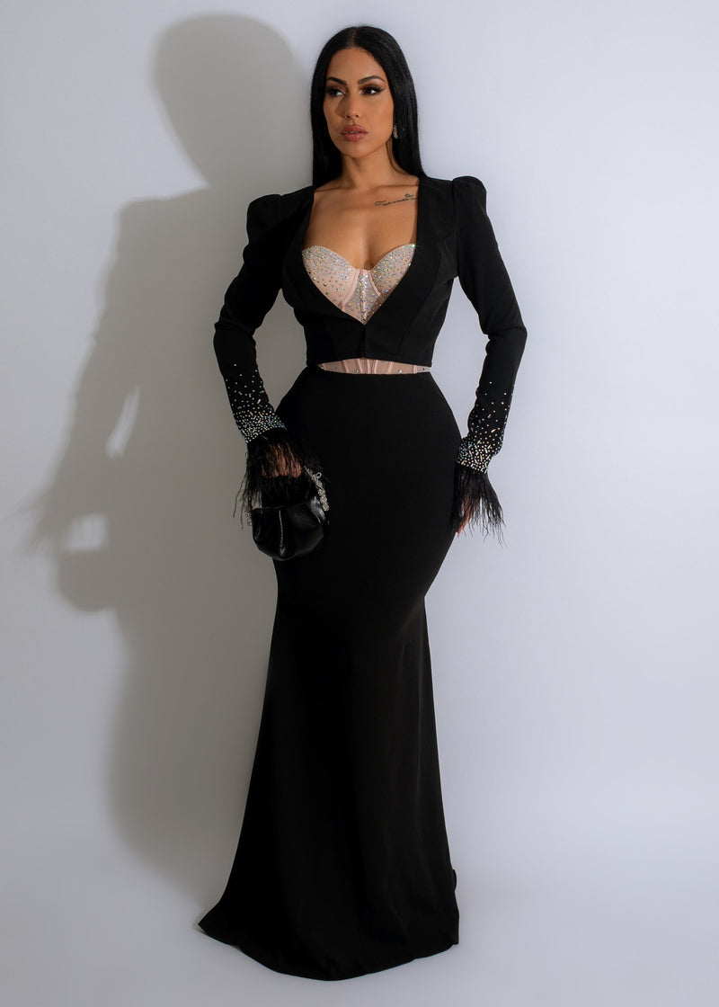 Gorgeous black maxi dress with sparkling rhinestones and flattering silhouette
