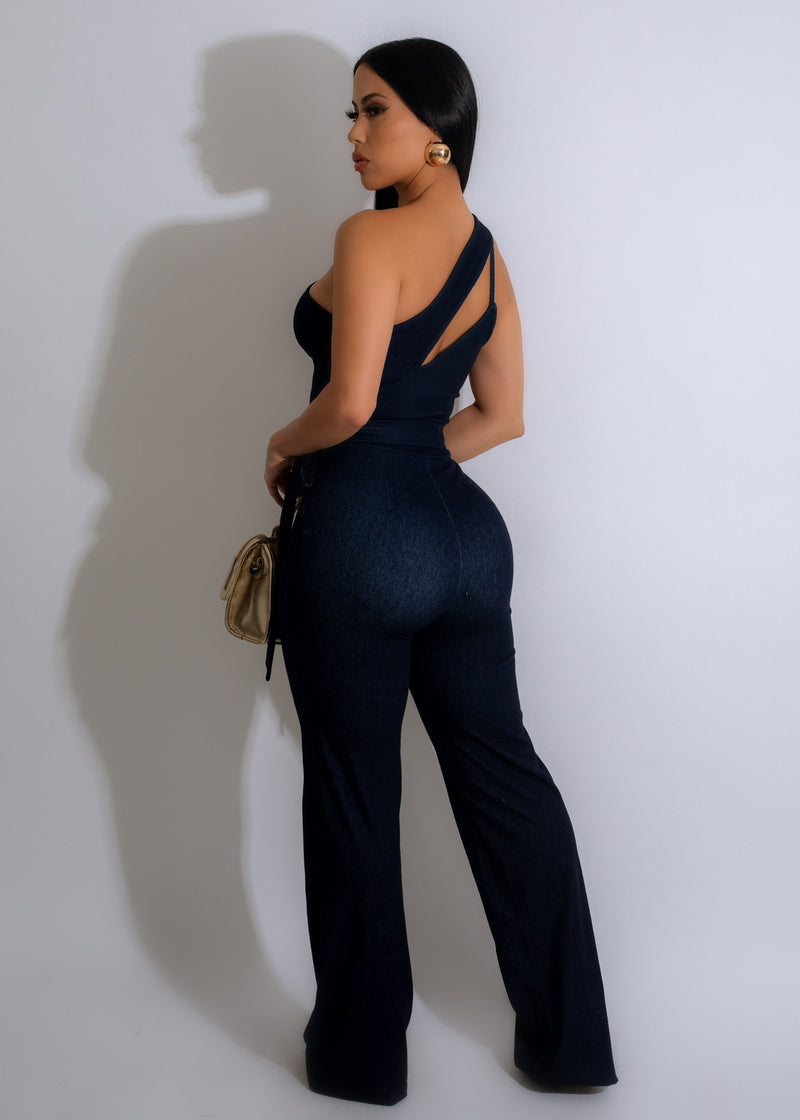 Fashionable Nights Out Denim Jumpsuit with Adjustable Spaghetti Straps