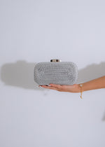 Elegant Crescent Clutch Silver with delicate silver chain and satin lining