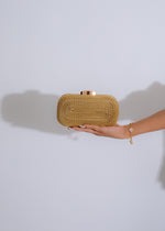Crescent Clutch Gold in luxurious metallic shade with elegant chain strap and intricate detailing 