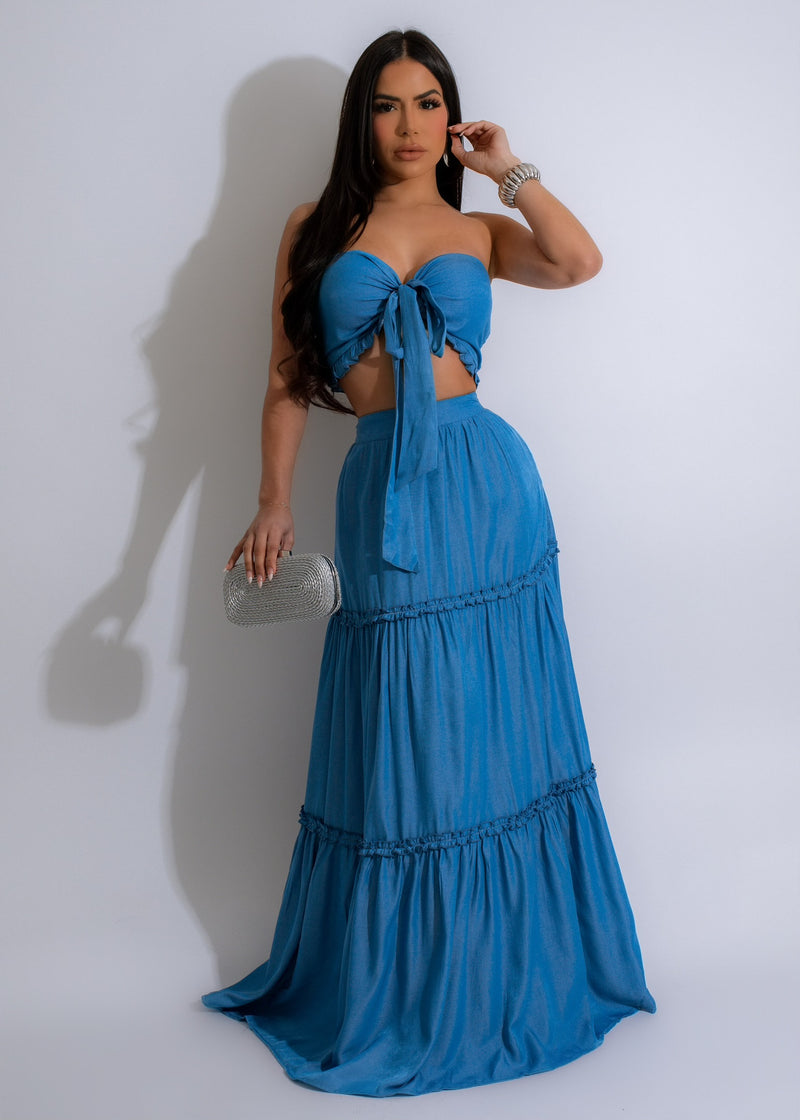 Beautiful blue skirt set with matching top and intricate embroidery details