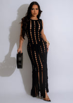 Boho Breeze Knitted Maxi Dress Black with floral print and flowy silhouette