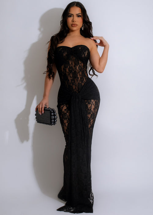 Aegean Aura Lace Maxi Dress Black - Elegant and feminine evening gown with intricate lace detailing and a flattering silhouette 