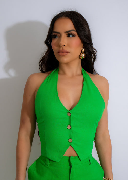 Alt text: Double Life Linen Vest Crop Top Green, a stylish and versatile piece perfect for summer days