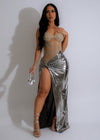 Shimmering silver metallic mesh maxi dress adorned with perfect rhinestones