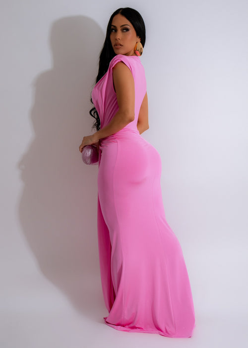  Day To Day Maxi Dress Pink - Back view of the flowy pink maxi dress with v-neck and adjustable straps