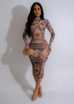 Inked Illusion Mesh Midi Dress Nude, featuring a delicate floral design and a sheer illusion neckline for a romantic and elegant look Perfect for special occasions and evening events