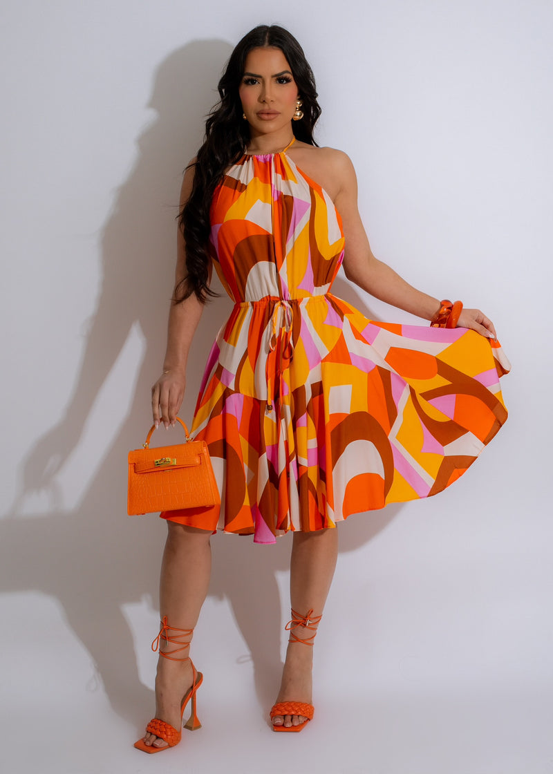 Firing In Love Midi Dress Orange with V-neck and flared skirt, perfect for summer events and parties