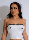 Attractive white lace crop top with ribbed texture and elegant bow