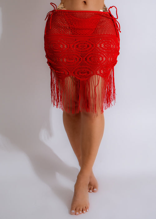 Stylish and versatile Island Girl Fringe Cover Up in vibrant red color perfect for beach or poolside fashion
