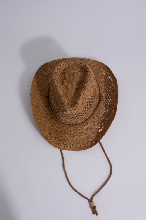 High-quality tan cowboy hat with a classic Western design and adjustable chin strap