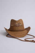 Tan cowboy hat with a wide brim and decorative stitching, perfect for outdoor activities