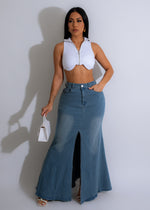 She's On Trend Denim Maxi Skirt in light blue wash, front view, with button closure and slit detail