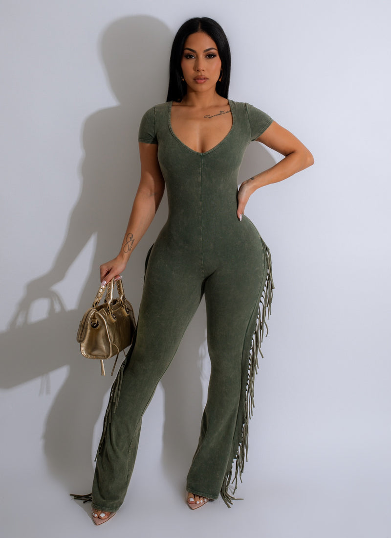 Sexy Miracle Fringe Flare Jumpsuit Green