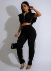 Just-Relax-Cargo-Jogger-Set-Black-Top-View-with-Drawstring-Waist-and-Zipper-Pockets