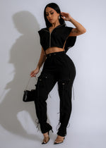 Just-Relax-Cargo-Jogger-Set-Black-Top-View-with-Drawstring-Waist-and-Zipper-Pockets