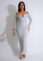 Close-up of Another Time Sequin Maxi Dress White with intricate sequin detailing and elegant design