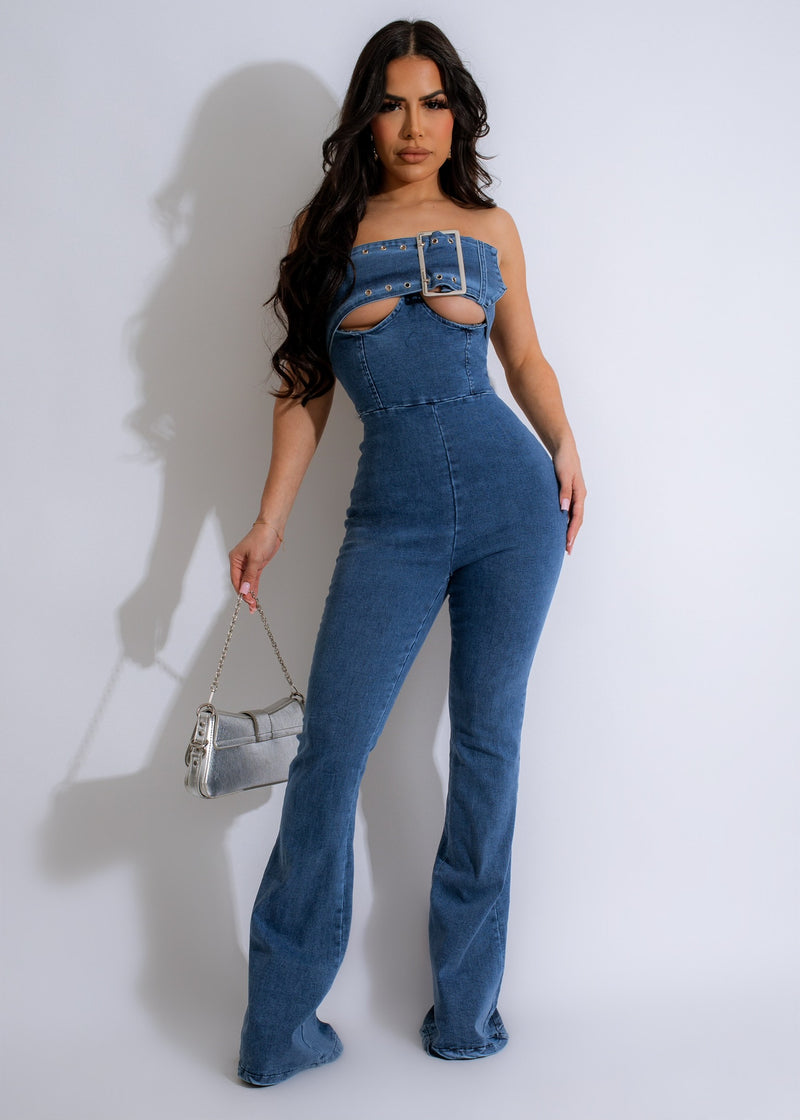 Stunning Soiree Stiletto Denim Jumpsuit with a sleek and flattering silhouette, perfect for making a statement at any event