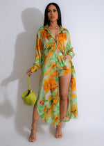 Two-piece Summer Feeling Short Set in Green with tropical print and matching top and shorts for a fun and stylish summer outfit 