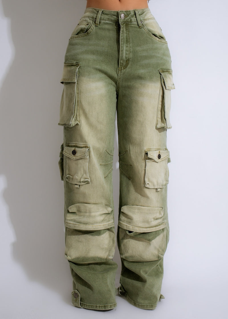 Sunset Rhapsody Cargo Pants Green: Stylish and comfortable women's cargo pants in a beautiful green color, perfect for a casual day out or an outdoor adventure