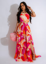 Beautiful pink Summer Vibrance Maxi Dress with floral design and adjustable straps