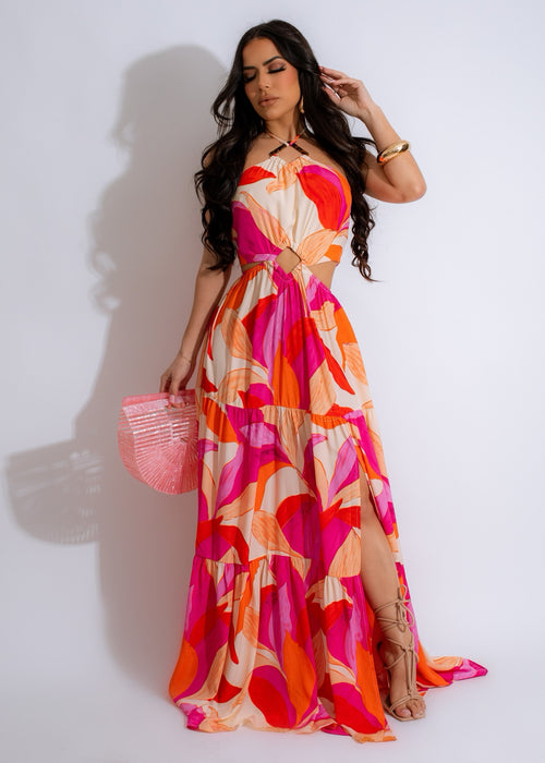 Beautiful pink Summer Vibrance Maxi Dress with floral design and adjustable straps