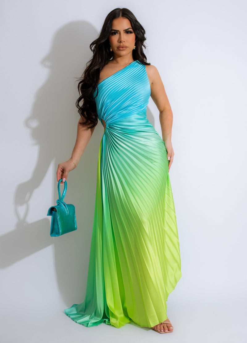 Close-up image of Simply Gradient Ruched Silk Maxi Dress Blue in beautiful ocean blue shade with ruched detailing, perfect for formal occasions or summer events