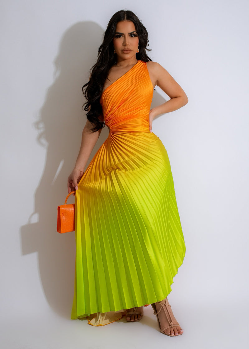 Vibrant orange silk maxi dress with gradient ruched detailing and flowing silhouette