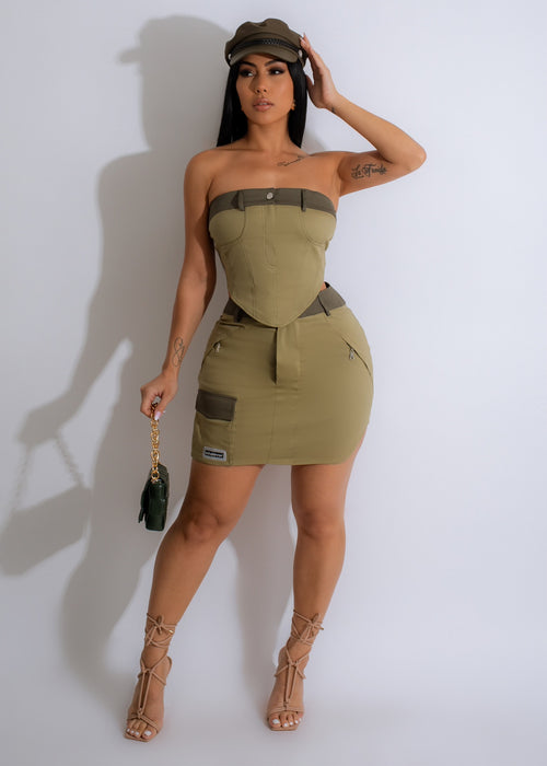 Make My Life Cargo Skirt Set in Olive Green with Matching Belt and Pockets