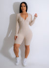 A close-up image of the Your Distraction Ribbed Romper Nude, showcasing its comfortable and stylish design perfect for lounging or going out