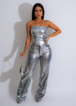 My Moment Metallic Crop Top Silver shimmering in the sunlight, perfect for a night out