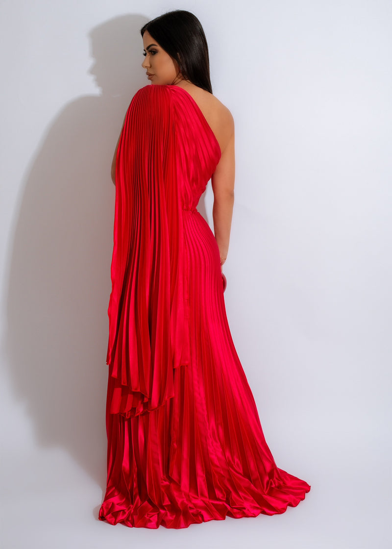 Beautiful model posing in a stylish Divine Silk Maxi Dress in vibrant red, featuring a flattering v-neckline, elegant long sleeves, and a graceful, floor-length hem