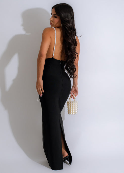 Sleek and stylish Eclipse Bandage Pearls Maxi Dress in classic black color
