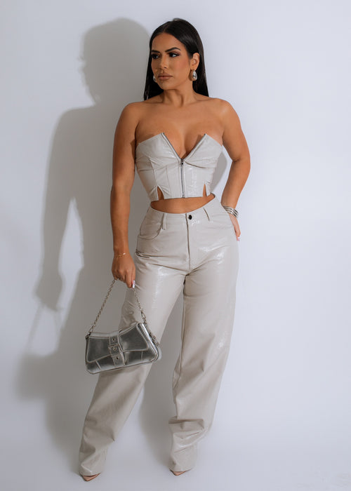 My Type Faux Leather Pant Set Nude - High Waisted Pants and Matching Crop Top