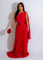 Close-up of a woman wearing a luxurious Divine Silk Maxi Dress in stunning red with intricate lace detailing and a flowing silhouette, perfect for a special occasion or evening event