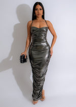Fiesta Hour Metallic Ruched Maxi Dress Silver, front view, elegant evening wear
