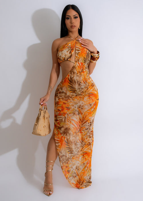 Orange mesh maxi dress set with intricate detailing and flowing silhouette