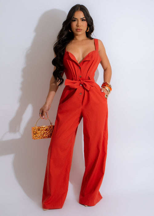 Feel A Way Linen Jumpsuit Orange - Front View with Adjustable Straps and Belt Tie