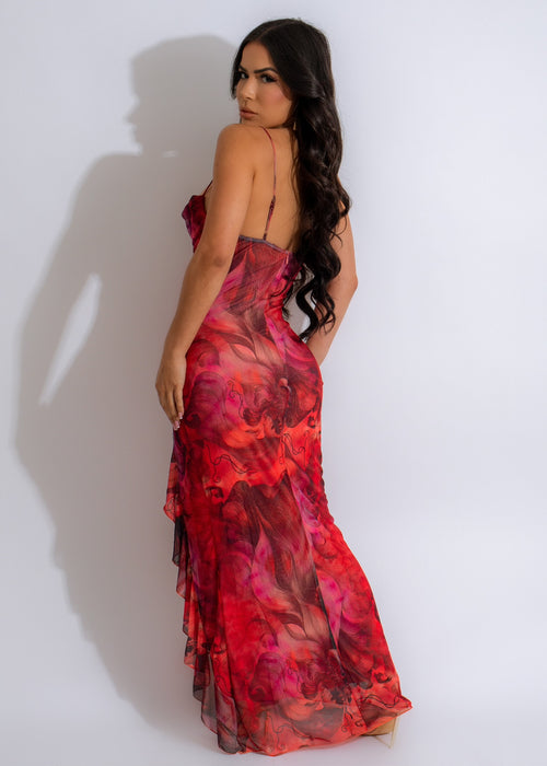 Vibrant red mesh midi dress with a divine lava pattern, creating a striking and luxurious look
