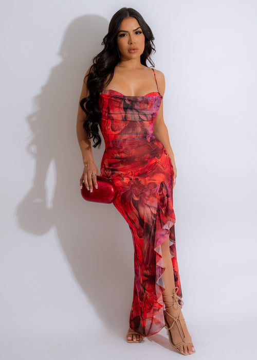 Divine Lava Mesh Midi Dress Red, a stunning and elegant evening gown perfect for special occasions and events