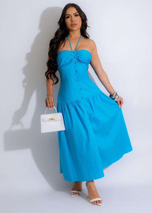 Stunning blue midi dress with floral pattern and ruffle detailing