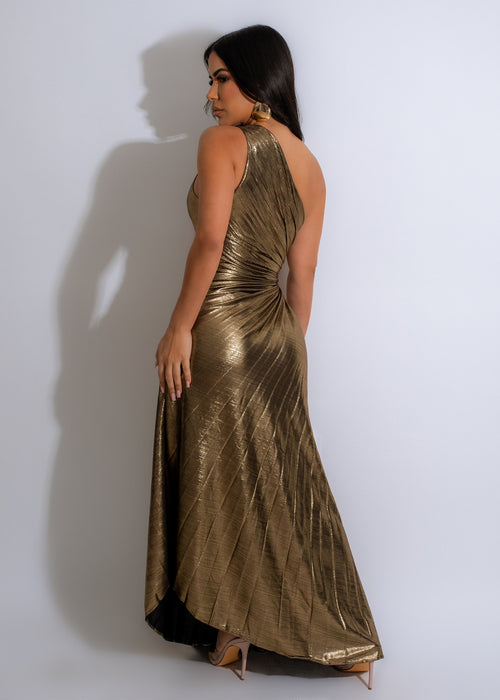 Giving Details Metallic Ruched Maxi Dress Gold